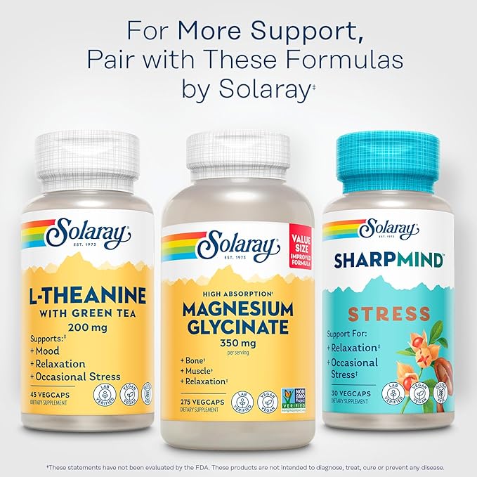 SOLARAY L-Theanine - 45 VegCaps - 200 mg + 100 mg Green Tea Leaf