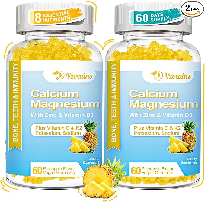 High Absorption Calcium Gummies, Sugar Free Calcium Magnesium Gummies with Vitamin D3 for Men and Women, Pineapple Flavor 120 Cts