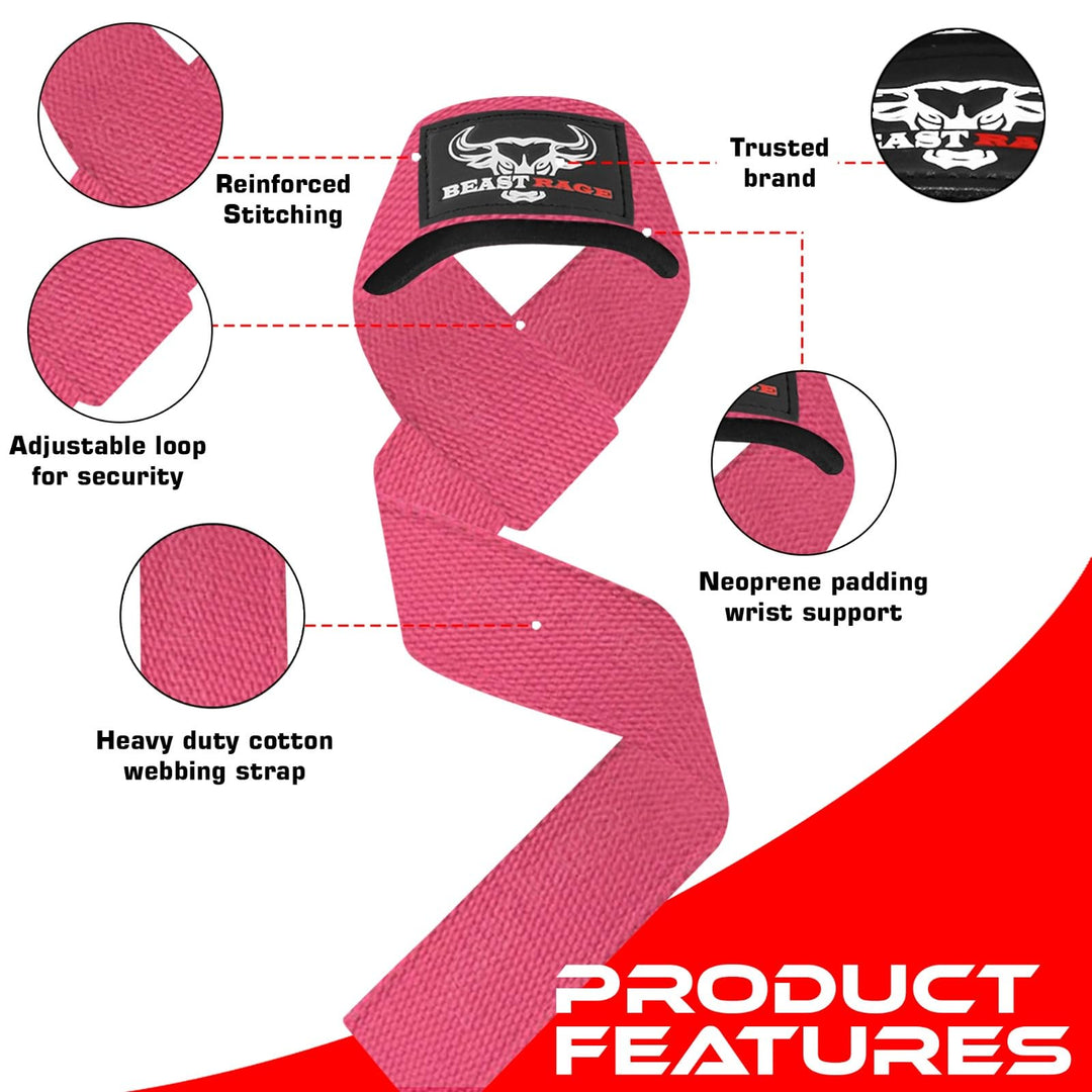 BEAST RAGE Lifting Wrist Straps for Weightlifting, Weight Lifting Straps Gym Power Workouts Lifting Straps Padded Cotton Men Women Supportive Lift Deadlift Straps Hard Pull Exercise Straps (Pink)