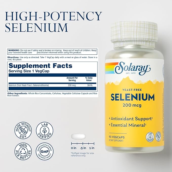 Solaray Yeast Free Selenium 200mcg, Selenium Capsules for Healthy Thyroid Function & Immune Support, High Absorption Supplement, Vegan, 90 Servings, 90 VegCaps