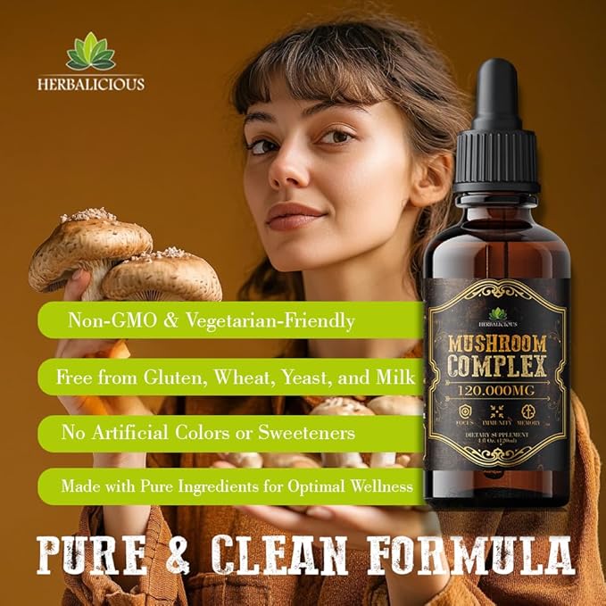 Mushroom Complex Supplement – 8 Mushroom Blend for Focus, Memory & Immune Support – High Potency 120,000mg Mushroom Supplement with Lion’s Mane, Reishi, Cordyceps, Chaga – 4 fl oz