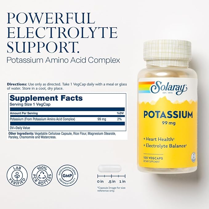 Solaray Potassium 99 mg - Electrolyte Balance Formula - Potassium Supplement for Electrolytes, Vascular and Heart Health Support - 60-Day Money Back Guarantee, Lab Verified, 100 Servings, 100 VegCaps