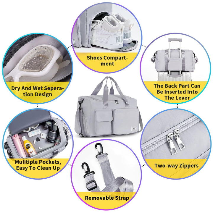 FIORETTO Women's Water-Resistant Gym Duffle Bag with Shoes Compartment, 37L Capacity, Multi-Functional, Ideal for Travel, Gym, Sports, Weekender, Grey