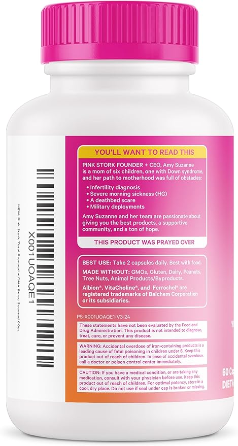 Pink Stork Total Prenatal Vitamins with DHA, Folate, Iron, Choline, and Vitamin B12 - Prenatals for Women to Support Fetal Development, Pregnancy Must Haves, Berry Essence, 60 Capsules, 1 Month Supply