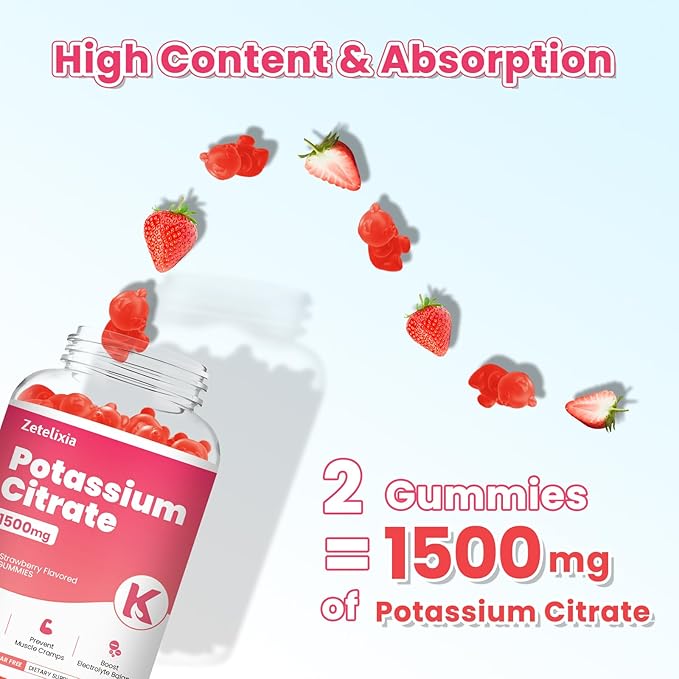 Potassium Gummies for Adults Women & Men, Potassium Citrate Supplement, Support Leg Cramps, Muscle Health & Electrolyte Balance, Sugar Free, Organic, Vegan, Strawberry, 60 Cts