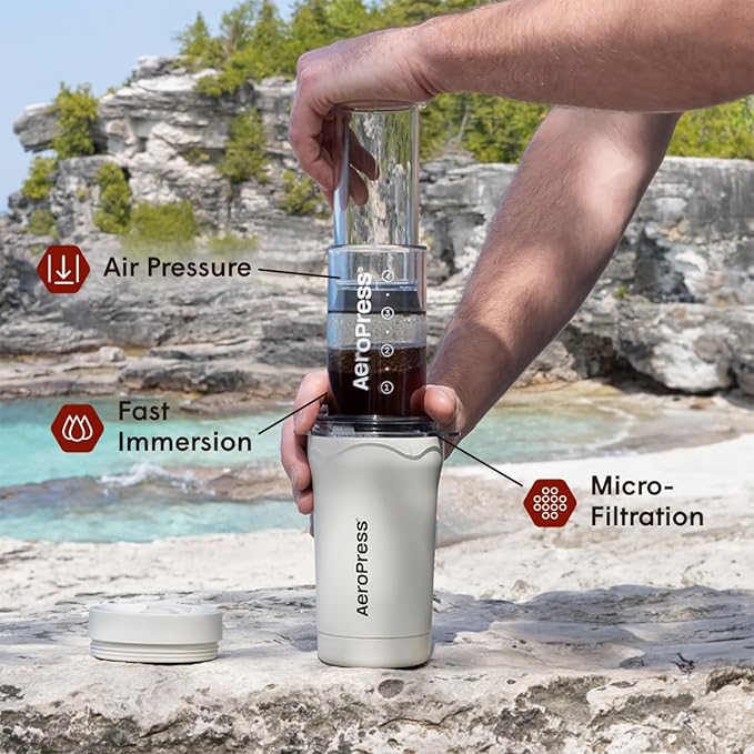 AeroPress Go Plus, Small Portable Coffee Maker for Travel & Camping - 3 In 1 Brew Method Combines French Press, Pourover, Espresso, Full Bodied Coffee without Bitterness, Coffee Press Kit - Cream