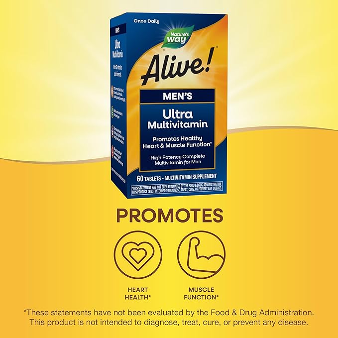 Nature's Way Alive! Men's Daily Ultra Multivitamin, High Potency Formula, Promotes Healthy Heart & Muscle Function*, with Methylated B12, Gluten Free, 60 Tablets