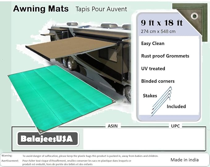 BalajeesUSA Outdoor Rug - 9x18 Green, rv Awning mat Reversible Recycled Plastic Straw mat Outdoor Patio Rugs Clearance Waterproof Large RV Camper Mats 7230