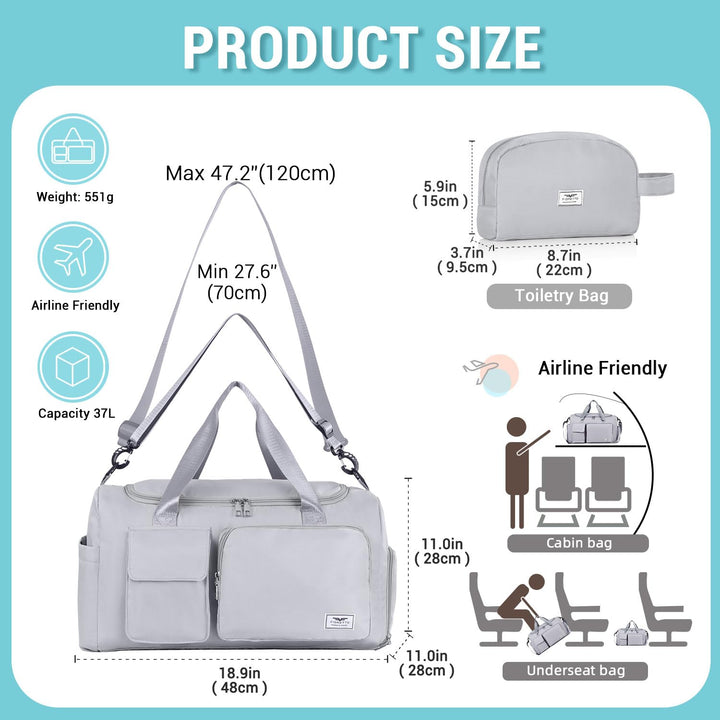 FIORETTO Women's Water-Resistant Gym Duffle Bag with Shoes Compartment, 37L Capacity, Multi-Functional, Ideal for Travel, Gym, Sports, Weekender, with Toiletry Bag, Grey
