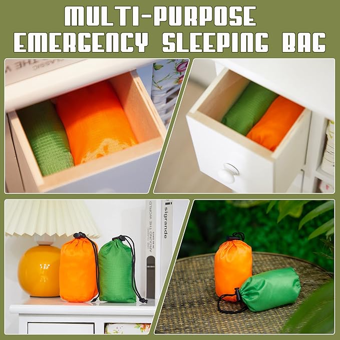 8 Pack Emergency Sleeping Bag Lightweight Thermal Survival Sleeping Bag Waterproof Emergency Blankets Portable Bivy Sack Survival Gear for Outdoor Camping Hiking Adventure, Green and Orange