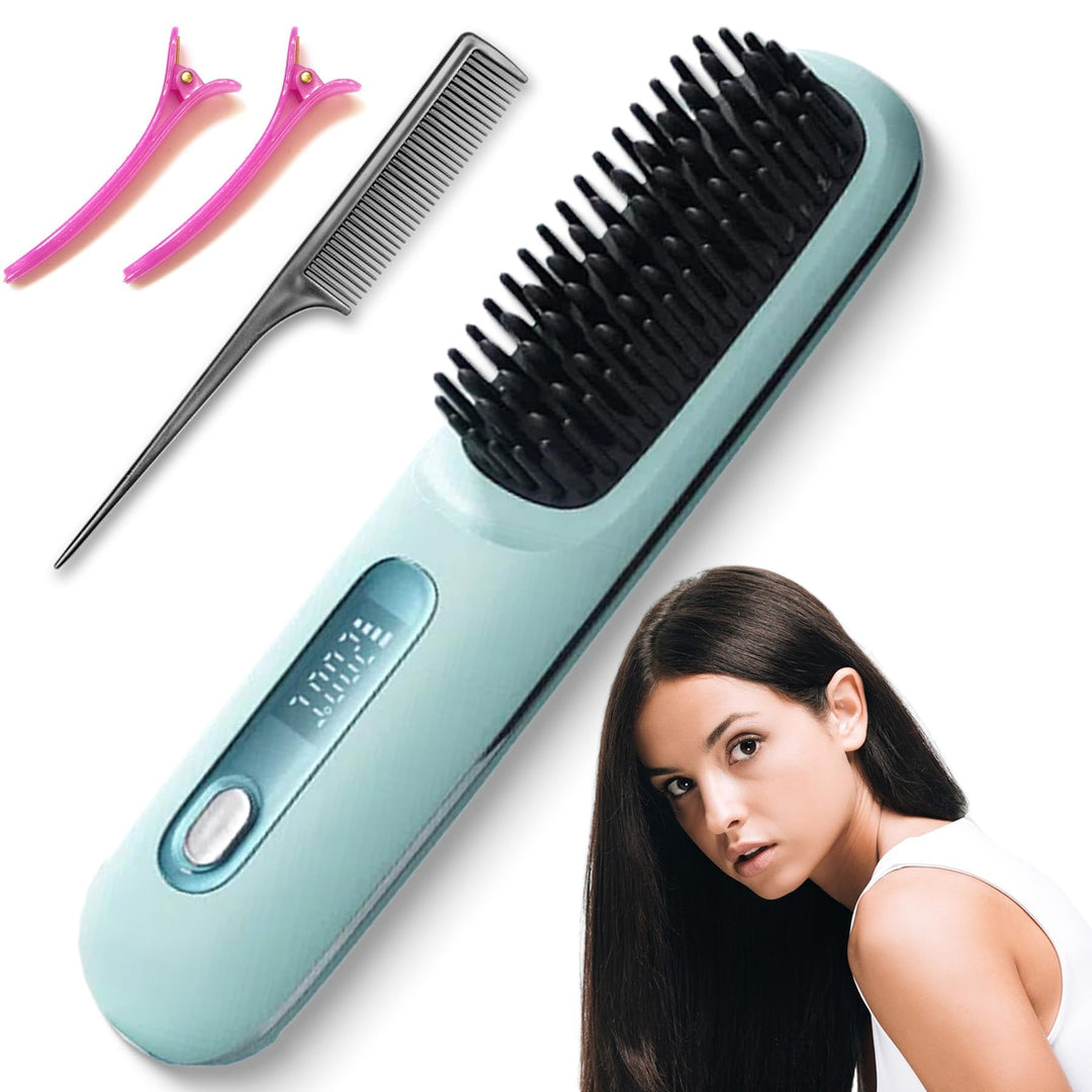 Numoya Gobrush Pro-Numoya Portable Straightener Brush-Gobrush Pro, Hair Straightening Brush for Women-Rechargeable & Cordless (Blue)