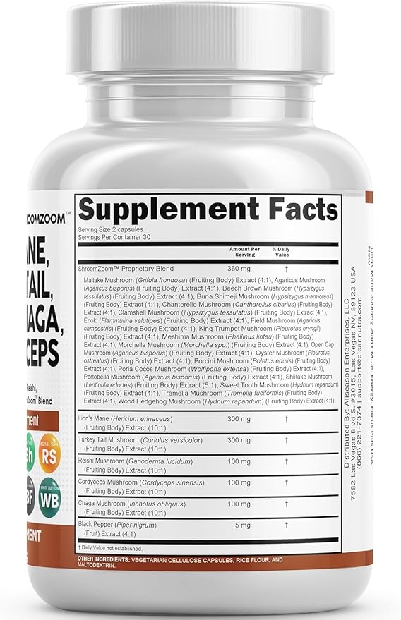 Clean Nutraceuticals Lions Mane 20in1 Mushroom Supplement with Turkey Tail Reishi Cordyceps Chaga Maitake Meshima Poria Cocos Shiitake Oyster Porcini Enoki - 3Pack