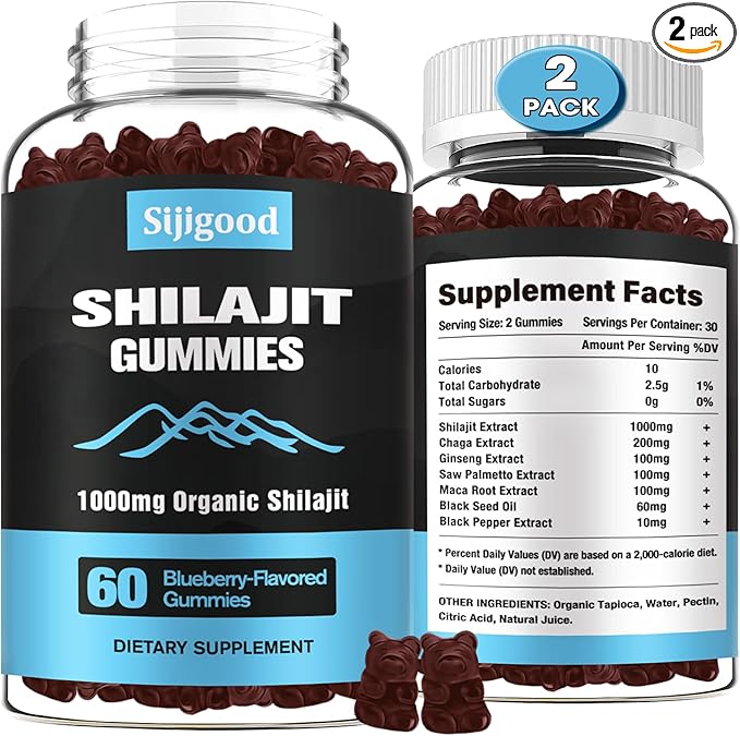 2 Packs Shilajit Supplement Gummies with 85+ Trace Minerals Supplement, Shilajit for Men & Women - 120 Blueberry Flavored Gummies