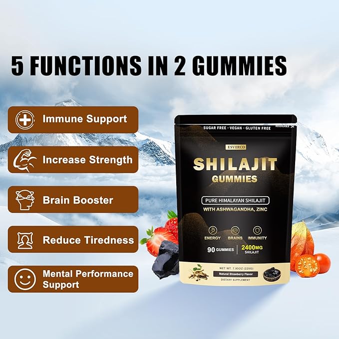 2400mg Pure Himalayan Shilajit Gummies with 2000mg Organic Ashwagandha Supplement for Men & Women, Extra Strength for Ehance Stamina, Immune Support, Vegan, for Adults, 90 Count