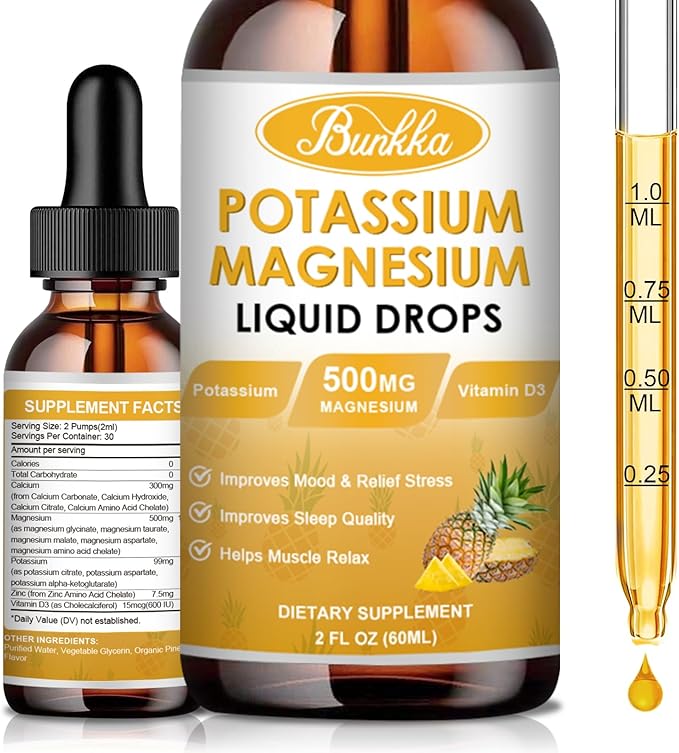 Potassium Magnesium Supplement - High Absorption Magnesium Complex 500mg & Potassium 99mg Plus Calcium, Vitamin D3, Zinc, Sugar Free Drops Supplement for Leg Cramps, Energy, Metabolism, for Adult