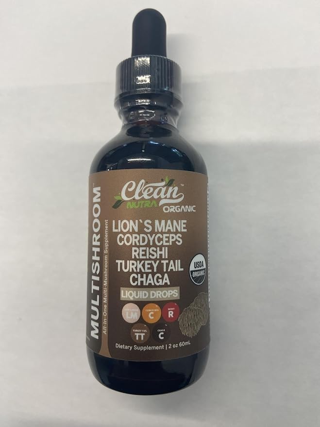 Organic Mushroom Supplement Liquid Drops with Lions Mane Turkey Tail Cordyceps Reishi Chaga Shitake Maitake Tremella Oyster Mushrooms Poria and Enokitake Mushrooms Complex Blend by Clean Nutra