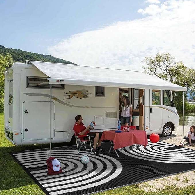 Anidaroel 9x18ft Reversible RV Outdoor Rugs for Camping, Waterproof Patio Rugs Outdoor Clearance, Outdoor Plastic Straw Outside Area Rugs Camping, Pool Deck, Backyard, Picnic(Black&White, 9‘x18')