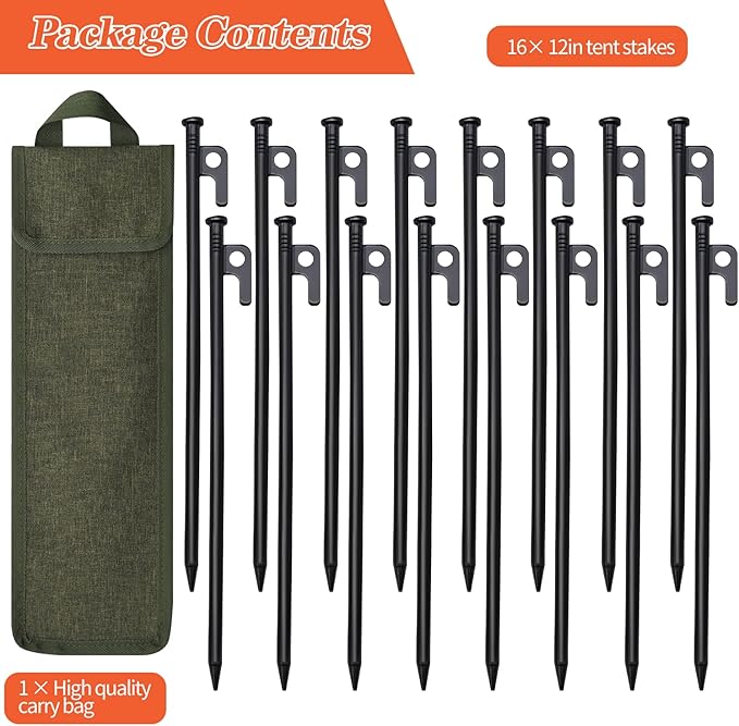 16 Pack Tent Stakes, 12in Tent Stakes Heavy Duty with Storage Bag, Forged Steel Tent Pegs for Camping Unbreakable and Inflexible(16pcs 12in Stakes)