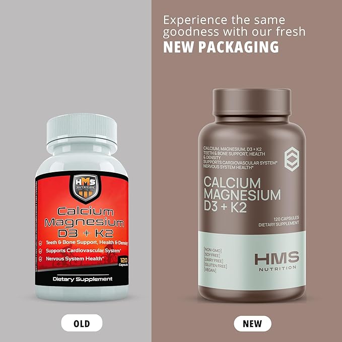 Calcium, Magnesium, Vitamins D3 and K2-120 Vegan Capsules, 60 Day Supply - Immune System Health, Strong Bones & Teeth - Non-GMO, Soy Free, & Dairy Free