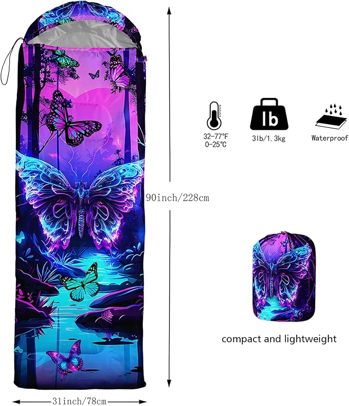 AILONEN Kids Floral Cat Camping Sleeping Bags,Lightweight & Waterproof,3 Season Warm & Cool Weather,Kawaii Kitten Sleeping Bags for Girls Adults,Travelling,Outdoors