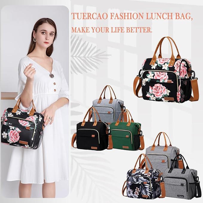 TuErCao Lunch Box for Women Adult Insulated Lunch Bag for Female Teacher Nurse Mom, Fashion Ladies Lunch Tote Bag for Work, Peony