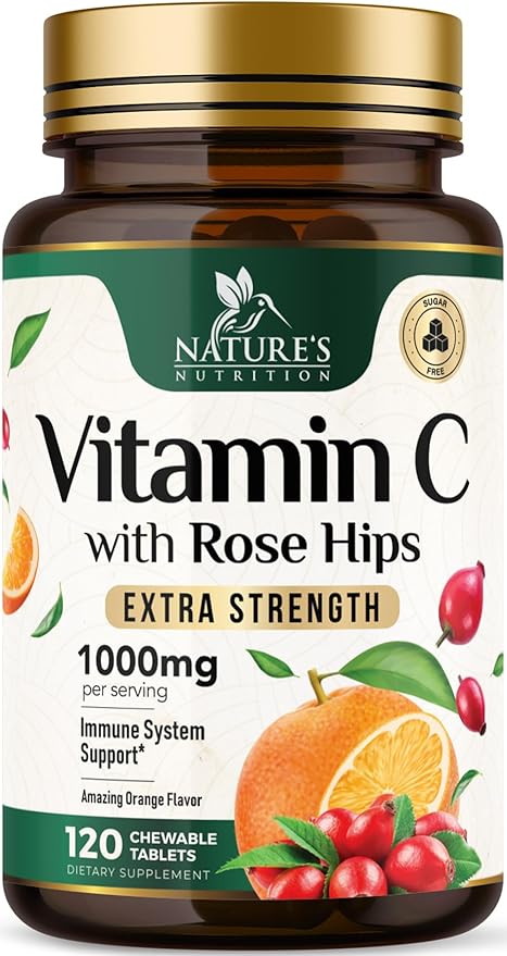 Chewable Vitamin C 1000mg - Extra Strength Antioxidants for Powerful Immune Support w/Vitamin C & Rose HIPS - Potent Dietary VIT C Chews Supplement, Natural, Vegan - Tasty Orange Flavor - 120 Tablets