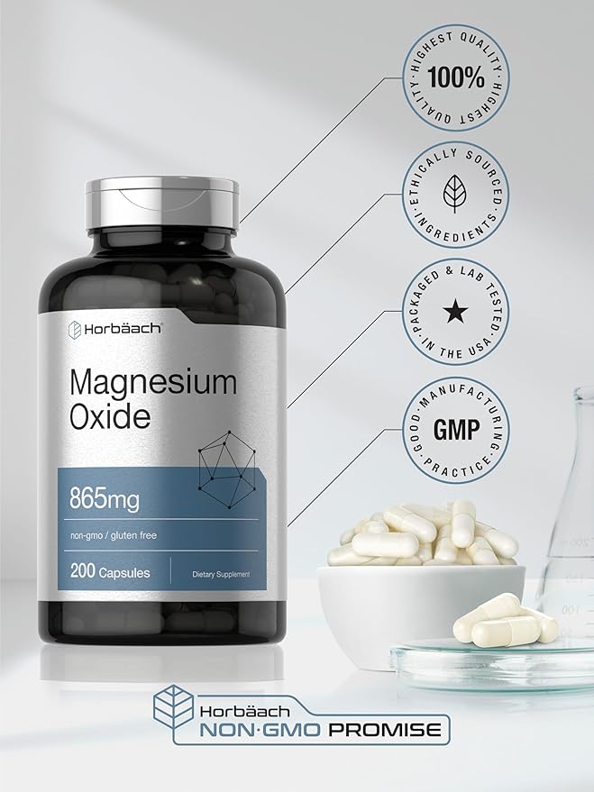 Horbäach Magnesium Oxide 865 mg | 200 Capsules | Non-GMO and Gluten Free Supplement