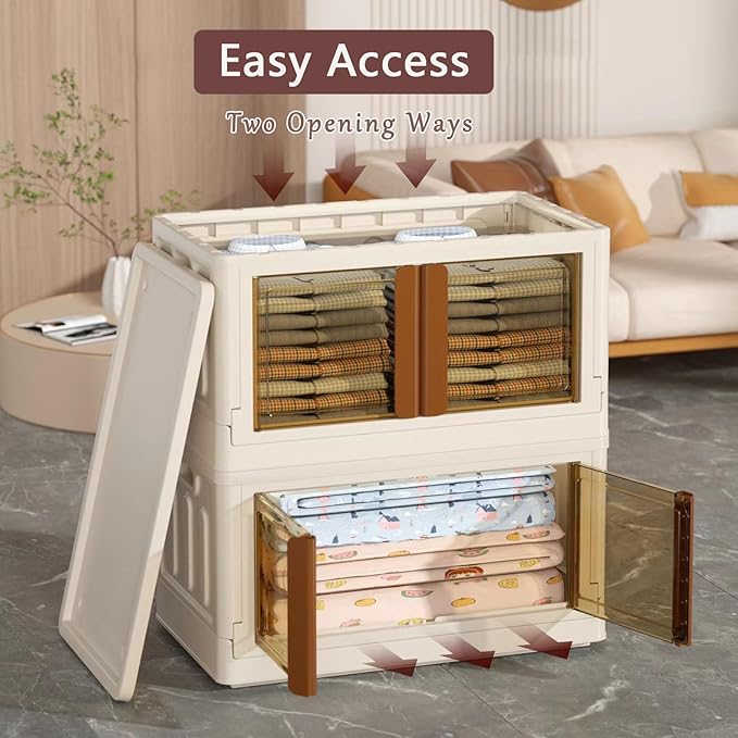 19Gal Collapsible Storage Bins with Lids & Wheels - 2 Pack Stackable with Doors, Heavy-Duty Plastic Cabinet for Home/Office, Milk White