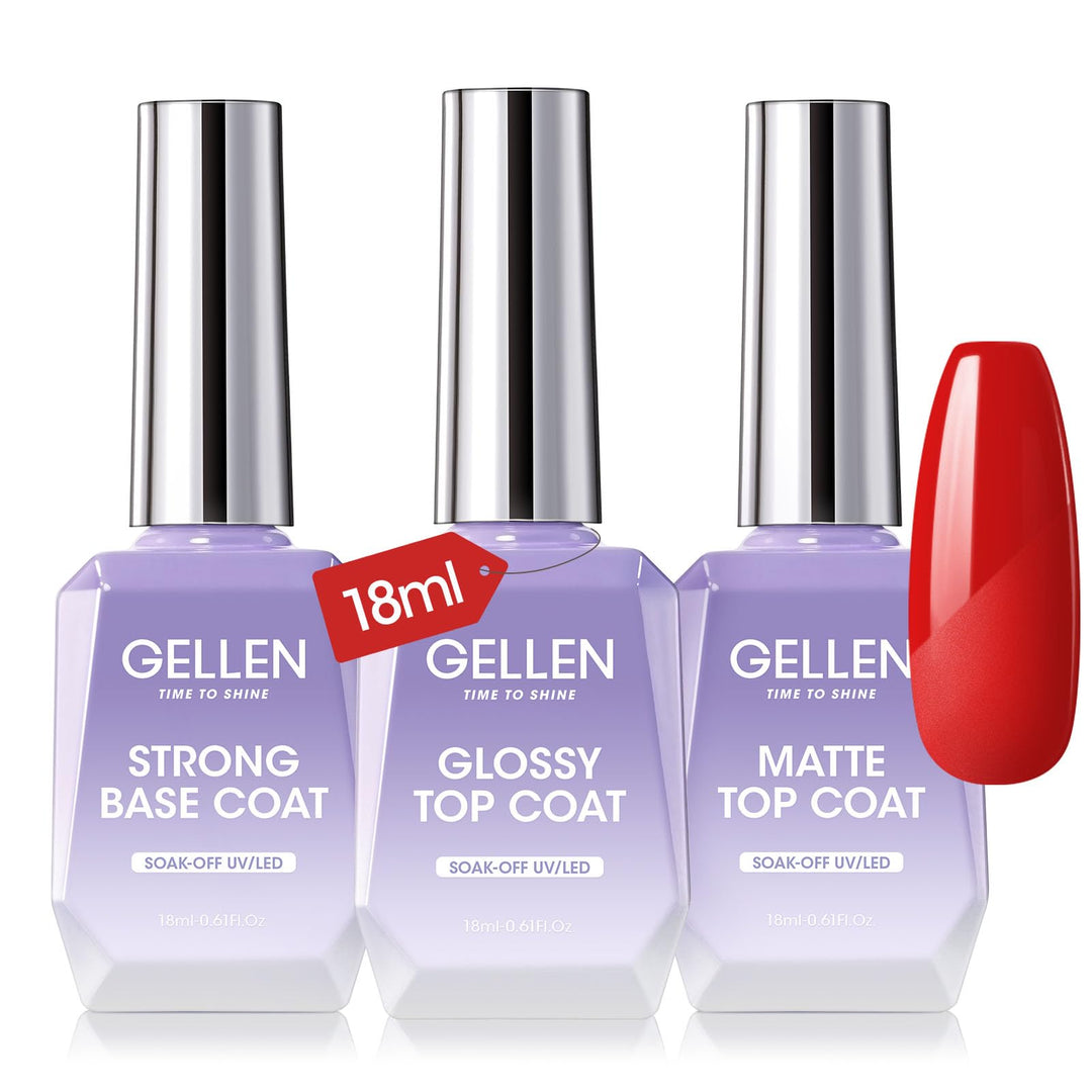 Gellen Gel Top Coat, 18ml 3pc Gel Base and Top Coat Matte and Glossy Top Coat for Gel Nail Polish,No Wipe Clear Gel Top Coat Gel Base Coat Nail Polish Soak Off UV Lamp Gel Polish Set for Starter