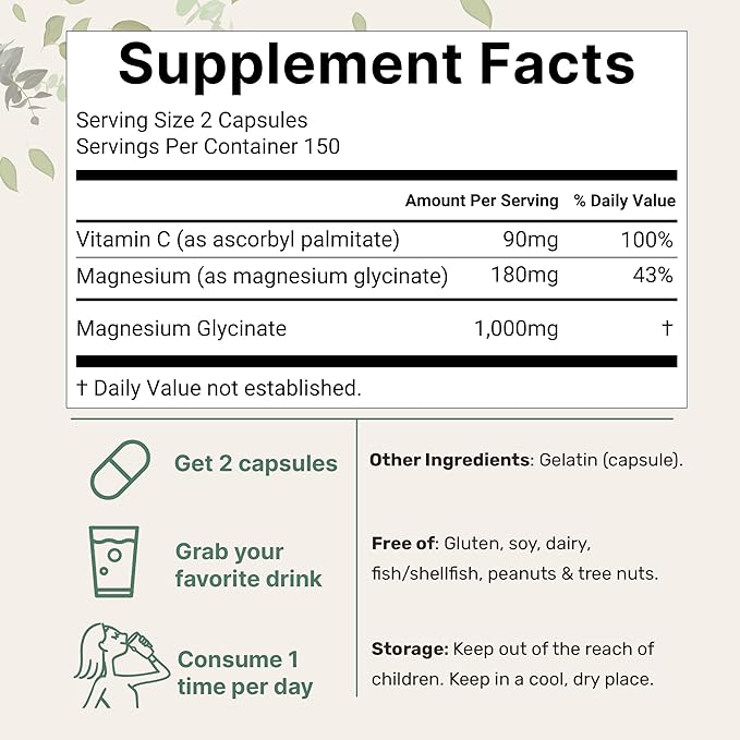 Pure Magnesium Glycinate 1,000mg Per Serving, 300 Capsules | Enhanced with Vitamin C | Only Uses Active Ingredients | Filler Free Supplement | 100% Chelated for Max Absorption