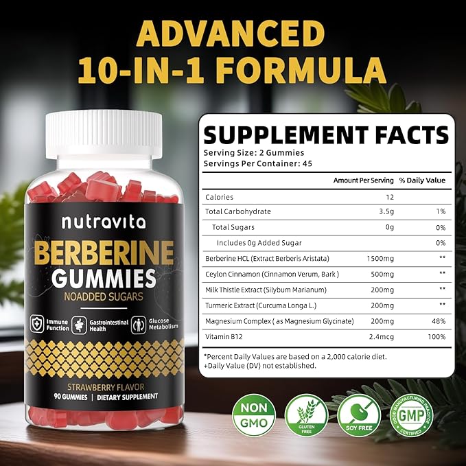 Berberine Gummies with Ceylon Cinnamon 1500mg High Potency Berberine HCL Supplement for Immune and Metabolism Support, Sugar Free Organic Berberine Gummies Strawberry Flavor-2PACK