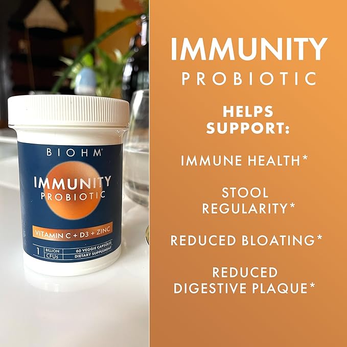 BIOHM Immunity Probiotic with Vitamin C, D3 & Zinc, 1 Billion CFU (60 Capsules) Daily Probiotics for Women & Men, Digestive Health & Immune Support, Vegan, Gluten-Free and Non-GMO