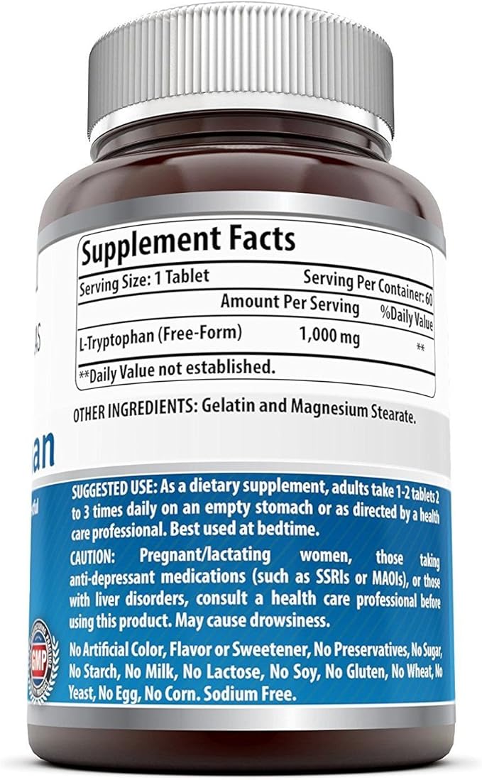 Amazing Formulas L-Tryptophan 1000mg Tablets Supplement | Non-GMO | Gluten Free | Made in USA (60 Count | 2 Pack)