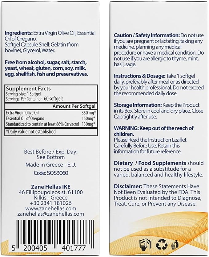 130 mg Carvacrol - 150 mg Oregano Oil per Softgel. World Highest Concentration Oregano Oil Capsule. Zane Hellas Oregano Oil. Softgel Contains 30% Greek Essential Oil of Oregano. 60 Softgels.