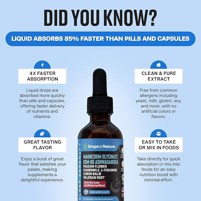 Magnesium Glycinate & Ashwagandha Liquid Drops with Valerian Root, Chamomile, Passion Flower, Lemon Balm & L-Theanine - Vegan Fast Absorption - Supplement for Wellness & Relaxation (Mixed Berry, 60mL)