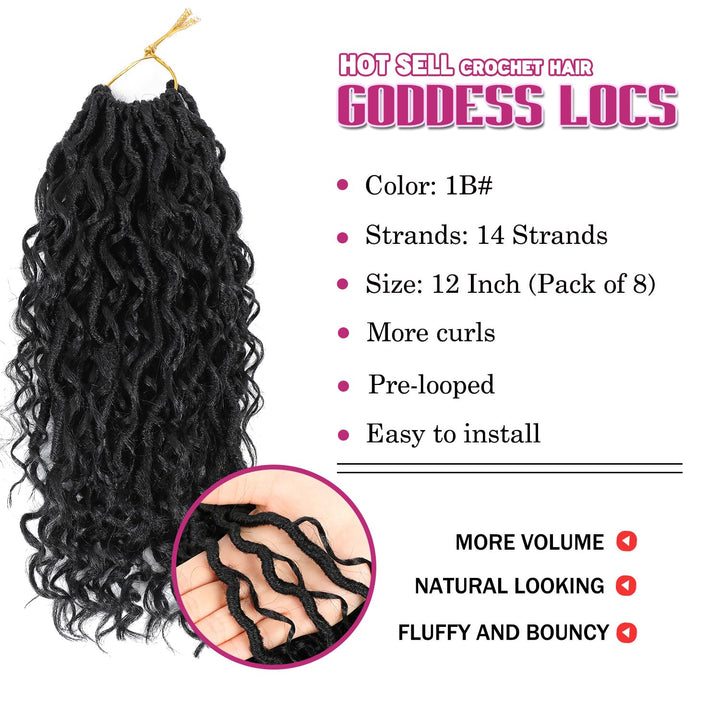 8 Packs Crochet Hair for Black women, Goddess Locs Crochet Hair, Goddess Faux Locs with Curl Braids (12Inch, 8Packs, 1B)
