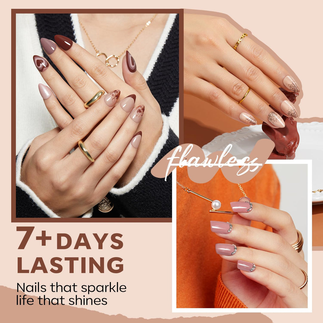 modelones Nail Polish Set 6 Colors, Nude Brown Burgundy Glitter Quick Dry Mini Nail Lacquer Kit, Skin Tone Dark Red Pink Nail Art DIY Home Travel Salon Nail Art Manicure Gift for Women Girls