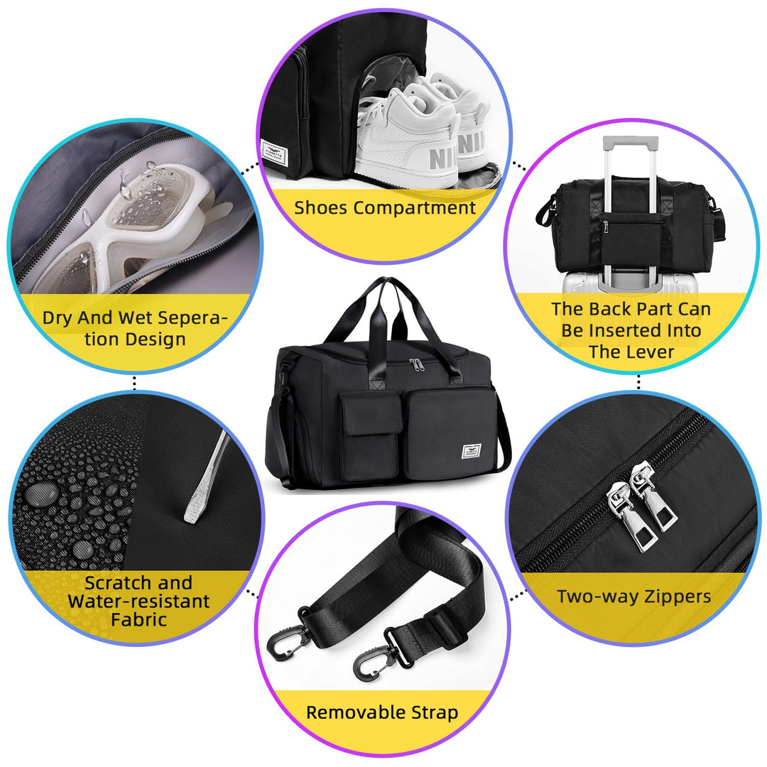 FIORETTO Women's Water-Resistant Gym Duffle Bag with Shoes Compartment, 37L Capacity, Multi-Functional, Ideal for Travel, Gym, Sports, Weekender, with Toiletry Bag, Black