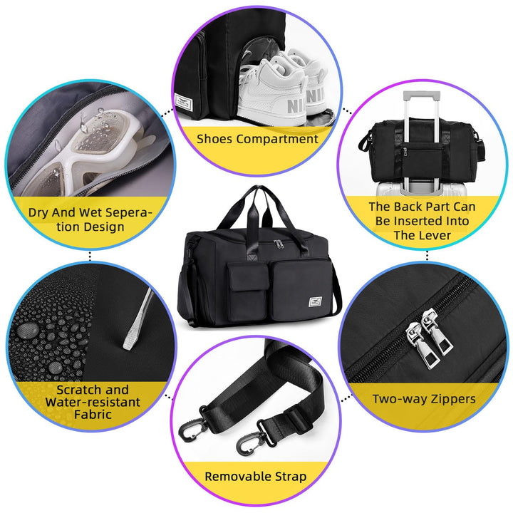 FIORETTO Women's Water-Resistant Gym Duffle Bag with Shoes Compartment, 37L Capacity, Multi-Functional, Ideal for Travel, Gym, Sports, Weekender, with Toiletry Bag, Black