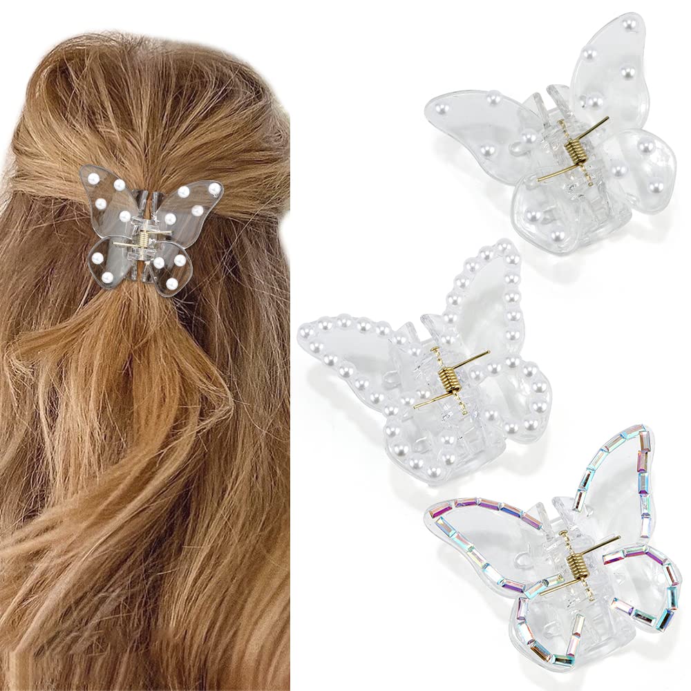 Canitor Butterfly Claw Clips 3Pcs - Pearl Hair Clips For Thick And Thin Hair, Elegant Medium Clips