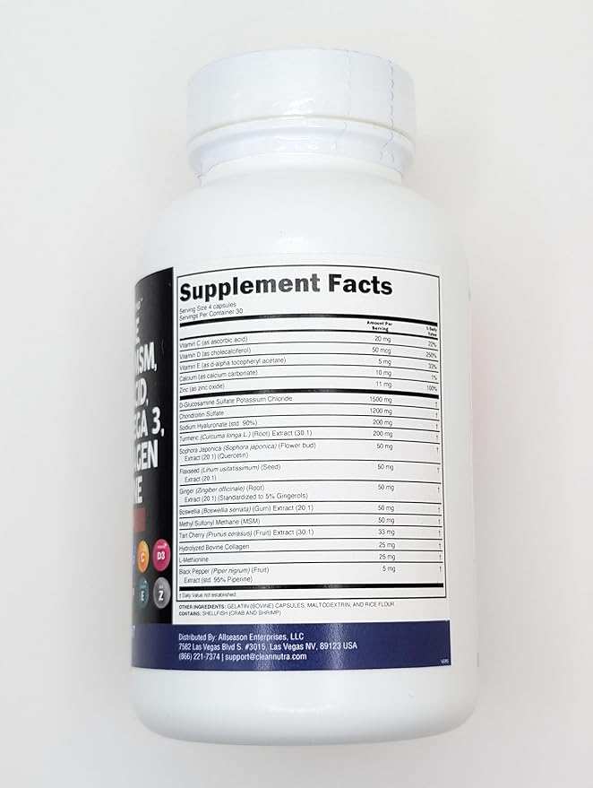 Clean Nutraceuticals Glucosamine Chondroitin MSM 1500mg with Turmeric Curcumin, Collagen, Hyaluronic Acid, Omega 3 – Joint Health Supplement for Men & Women – Joint Complex – 120 Count