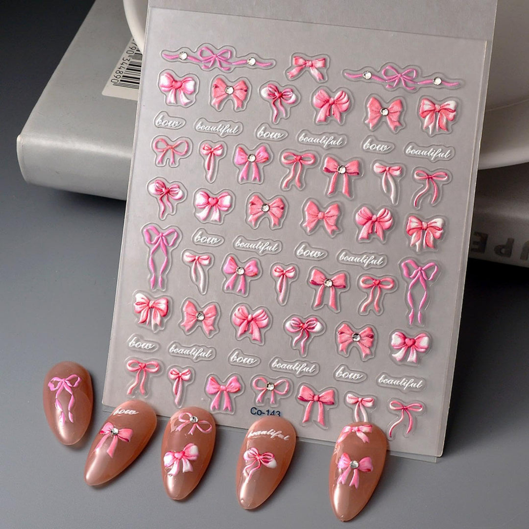 5D Embossed Bow Nail Stickers Pink Bowknot Nail Art Stickers with Rhinestone Design Bow Nail Decals for Women Girls Acrylic Nails DIY Manicure Nail Supplies