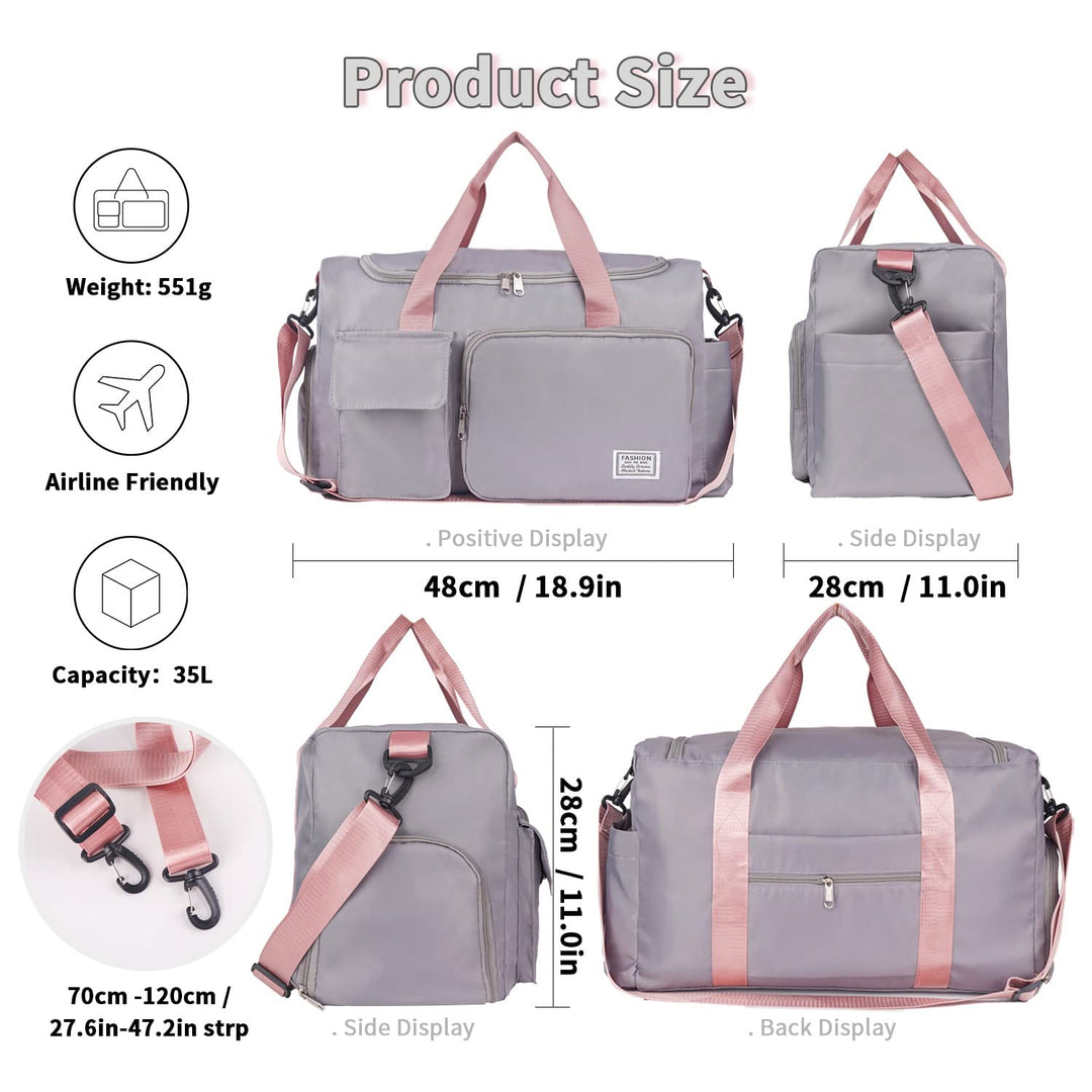 FIORETTO Women's Water-Resistant Gym Duffle Bag with Shoes Compartment, 37L Capacity, Multi-Functional, Ideal for Travel, Gym, Sports, Weekender, Grey & Pink