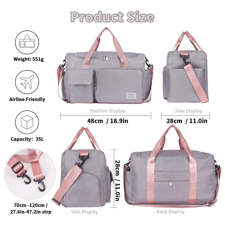 FIORETTO Women's Water-Resistant Gym Duffle Bag with Shoes Compartment, 37L Capacity, Multi-Functional, Ideal for Travel, Gym, Sports, Weekender, Grey & Pink