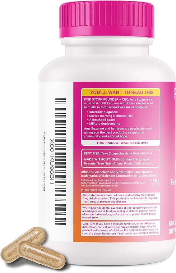 Pink Stork Premium Prenatal Vitamin for Women - Multivitamin & Probiotics - Morning Sickness, Digestion, & Energy - Folate, B6, & Iron - 60 Capsules - 2 Pack