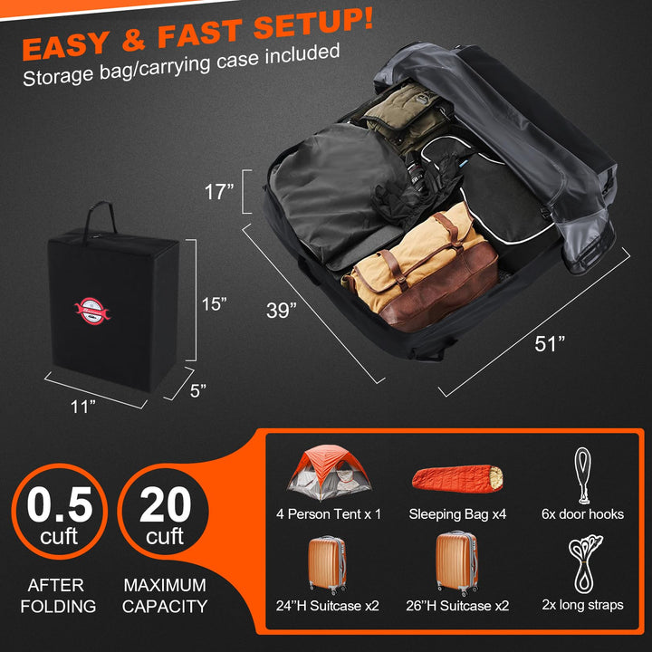 Car Rooftop Cargo Carrier Roof Bag, 20 Cubic Feet Waterproof Roof Top Cargo Carrier fit Car with Without Luggage Rack - Vehicle Soft Shell Roof Cargo Box with Tie-Down Strap, Safety Hook & Storage Bag