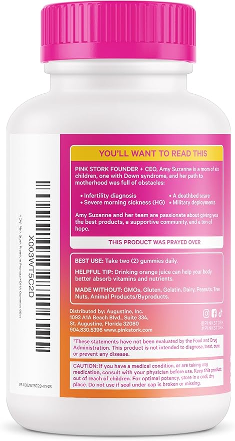 Pink Stork Premium Prenatal Gummy Vitamins with DHA, Folate, and Vitamin D - 60 Vegan Gummies - 2 Pack