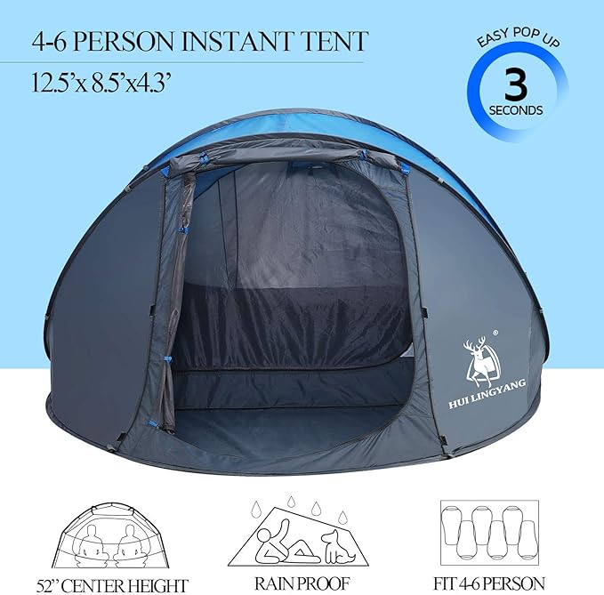 6 Person Easy Pop Up Tent,12.5’ x 8.5‘ x53.5,Automatic Setup,Waterproof, Double Layer,Instant Family Tents for Camping,Hiking & Traveling
