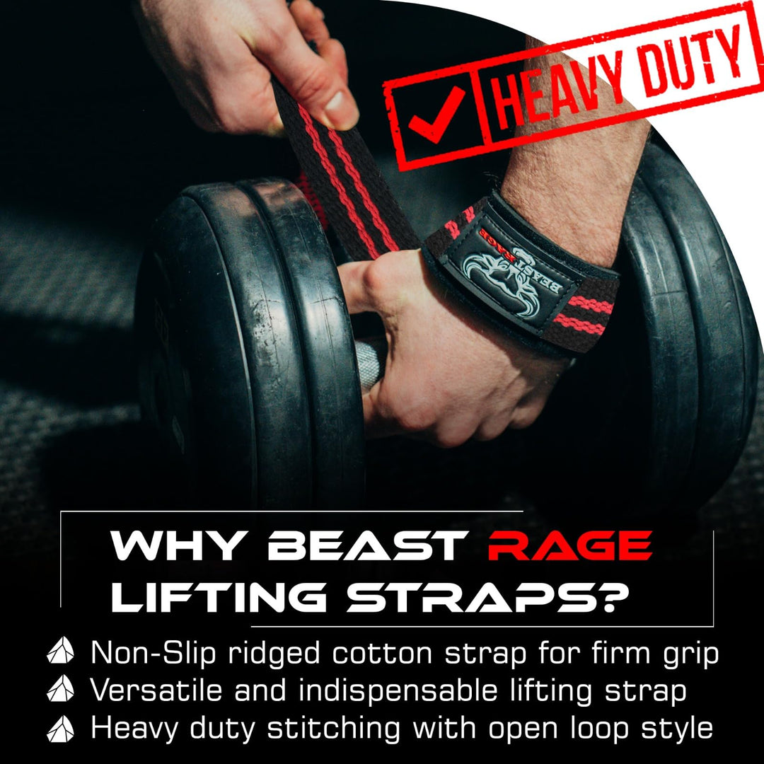 BEAST RAGE Lifting Wrist Straps for Weightlifting, Weight Lifting Straps Gym Power Workouts Lifting Straps Padded Cotton Men Women Supportive Lift Deadlift Straps Hard Pull Exercise Straps (Black / Red)