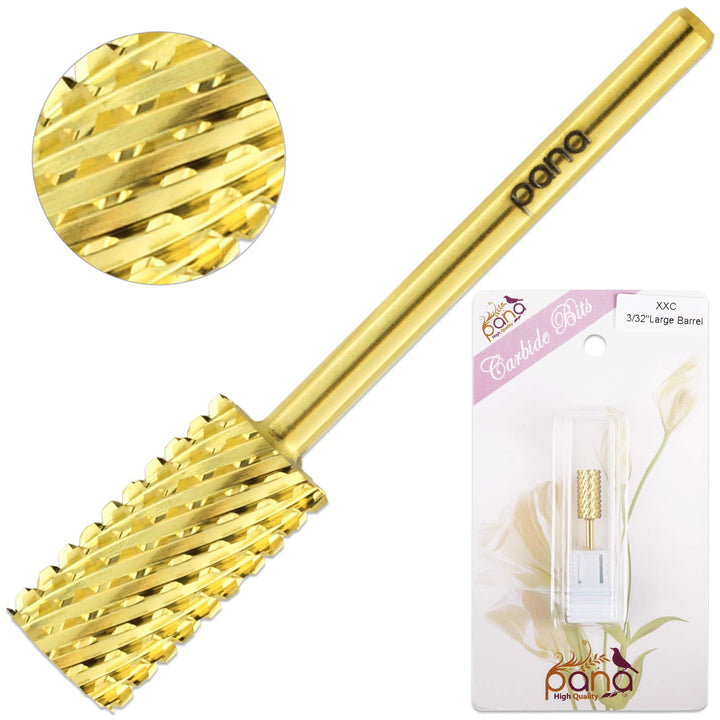 PANA 3/32" Shank Size - Flat Top Large Barrel Gold Carbide 2X Coarse Grit - Nail Drill Bit for e-File Nail Drills